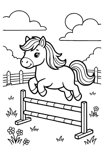 Pony beim Sprung über ein Hindernis – Ausmalbilder Pferde zum Ausdrucken