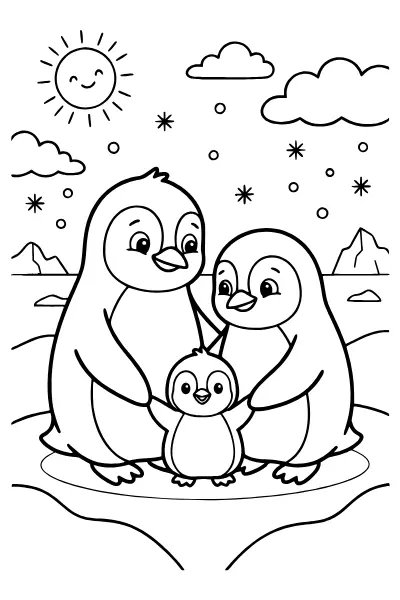 Pinguin-Familie mit Küken – Ausmalbilder Pinguin zum Ausdrucken
