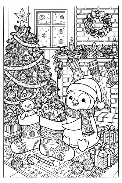 Pinguin mit Weihnachtsstrümpfen voller Geschenke – Ausmalbilder Pinguin zum Ausdrucken
