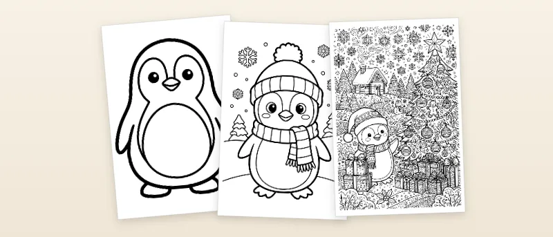 Ausmalbilder Pinguin: Pinguin, Pinguin mit Schal und Mütze und Pinguin mit Weihnachtsmütze am Baum
