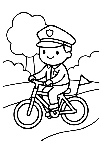 Fahrradpolizist im Park – Ausmalbild Polizei zum Ausmalen