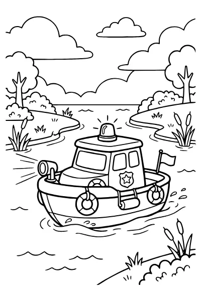 Polizeiboot auf dem Fluss – Ausmalbild Polizei für Kinder