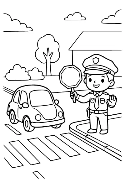 Verkehrskontrolle mit Kelle – Ausmalbild Polizei für Schulkinder