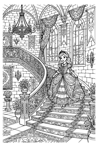 Prinzessin auf der Treppe – Ausmalbilder Prinzessin zum Ausdrucken