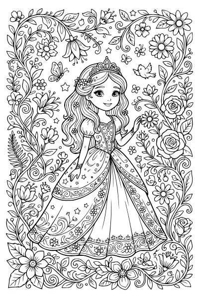 Prinzessin mit Blumenornamenten – Ausmalbilder Prinzessin zum Ausdrucken