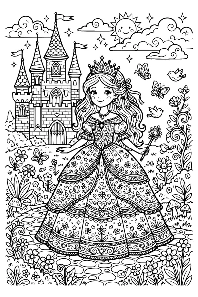 Prinzessin mit gemustertem Kleid – Ausmalbilder Prinzessin zum Ausdrucken