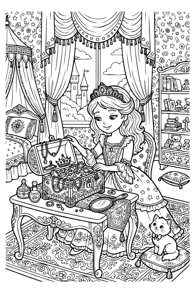 Prinzessin mit Schmuckkästchen – Ausmalbilder Prinzessin zum Ausdrucken