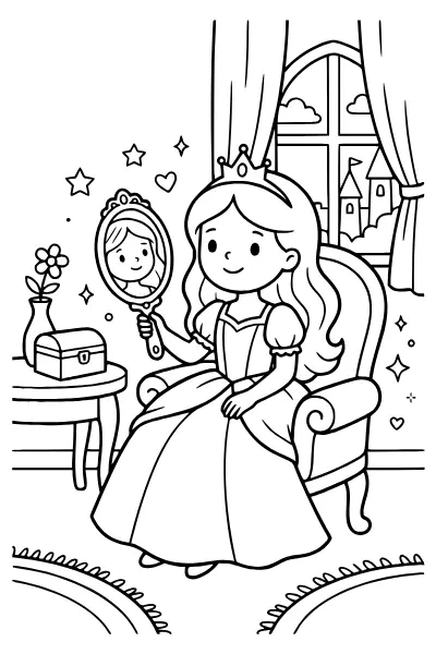 Prinzessin mit Spiegel – Ausmalbilder Prinzessin zum Ausdrucken