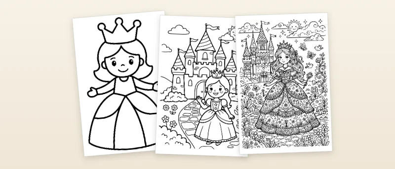 Ausmalbilder Prinzessin: Prinzessin mit Krone, Prinzessin vor dem Schloss und Prinzessin mit gemustertem Kleid