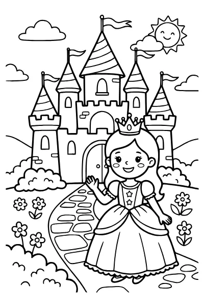 Prinzessin vor dem Schloss – Ausmalbilder Prinzessin zum Ausdrucken