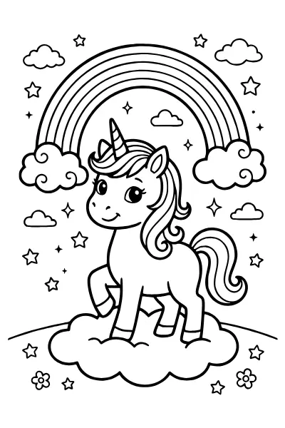 Ausmalbilder Regenbogen: Einhorn unter dem Regenbogen mit Sternen ausmalen