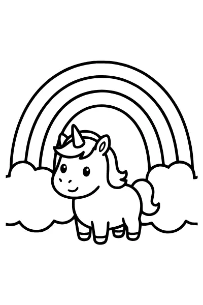 Ausmalbilder Regenbogen: kleines Einhornfohlen vor dem Regenbogen zum Ausdrucken