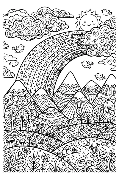 Ausmalbilder Regenbogen: Regenbogenlandschaft mit Bergen und Vögeln als PDF