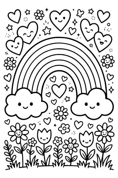 Ausmalbilder Regenbogen: Regenbogen mit Herzen und Blumen zum Ausdrucken