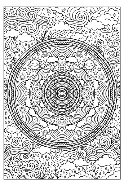 Ausmalbilder Regenbogen: Regenbogen-Mandala mit feinen Mustern zum Ausdrucken