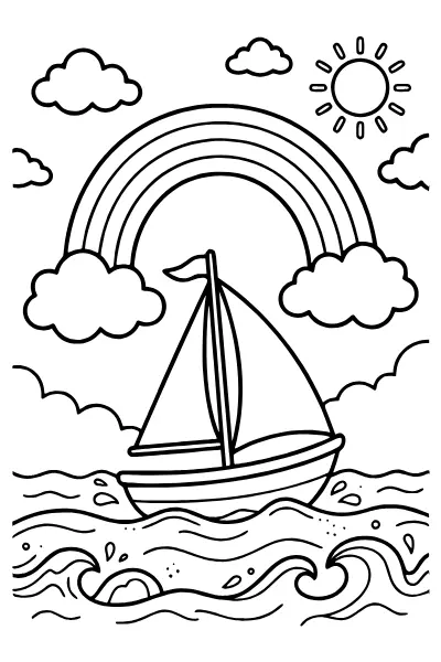 Ausmalbilder Regenbogen: Regenbogen über dem Meer mit Segelboot ausmalen