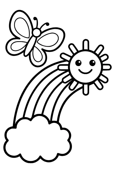 Ausmalbilder Regenbogen: Regenbogen mit Sonne und Schmetterling als PDF