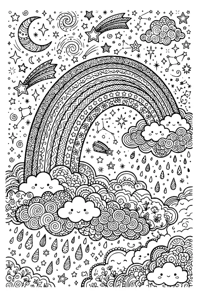 Ausmalbilder Regenbogen: Regenbogen mit Wolkenband und Sternenhimmel ausmalen