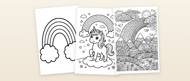 Ausmalbilder Regenbogen: Einfacher Regenbogen mit zwei Wolken, Einhorn unter dem Regenbogen mit Sternen und Regenbogenlandschaft mit Bergen und Vögeln