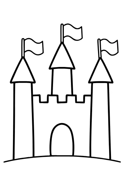 Burg mit Türmen und Fahnen als Malvorlage – Ausmalbilder Ritter kostenlos