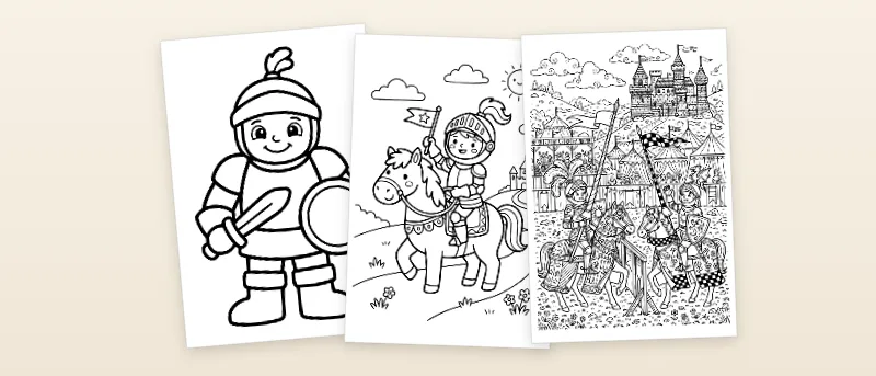 Ausmalbilder Ritter: Ritter mit Schwert und Schild, Ritter auf dem Pferd und Ritter beim Turnier mit Lanze