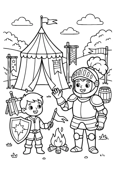Ritter und Knappe am Zeltlager als Malvorlage – Ausmalbilder Ritter kostenlos