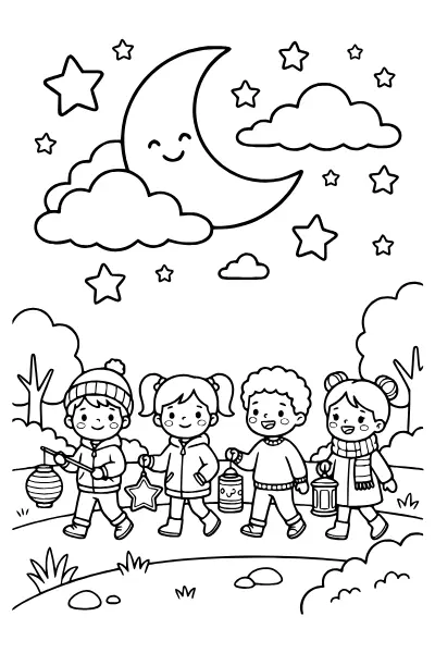 Mond und Sterne über dem Laternenumzug – Ausmalbilder Sankt Martin