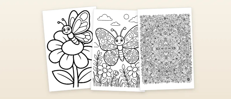 Ausmalbilder Schmetterling: Schmetterling auf einer Blume, Schmetterling mit Kreismustern und Schmetterlings-Mandala mit Blüten