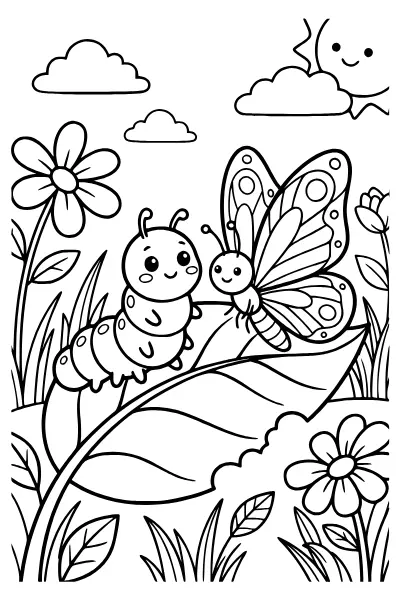 Schmetterling und Raupe auf einem Blatt – Ausmalbilder Schmetterling zum Ausdrucken