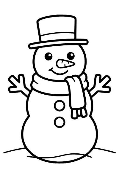 Ausmalbilder Schneemann: klassischer Schneemann mit Zylinder und Schal als Malvorlage