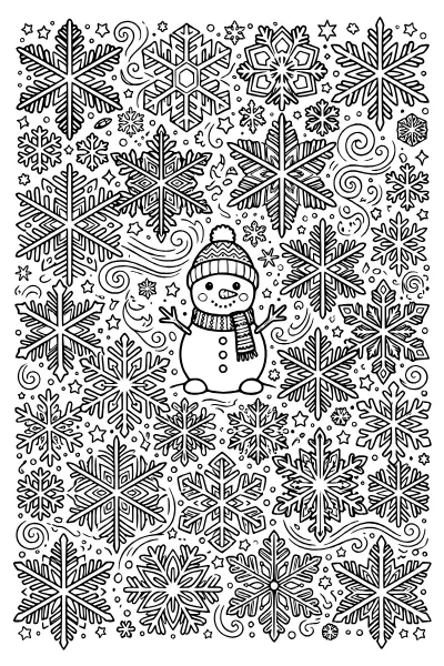 Ausmalbilder Schneemann: feines Schneeflocken-Muster mit Schneemann