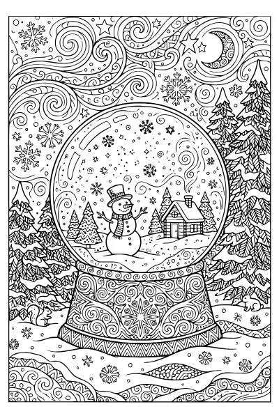 Ausmalbilder Schneemann: Schneekugel mit Schneemann und Schneeflocken