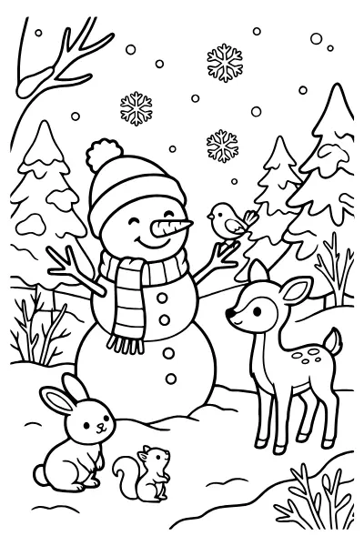Ausmalbilder Schneemann: Schneemann im Winterwald mit Tieren