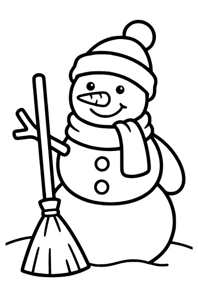 Ausmalbilder Schneemann: Schneemann mit Besen zum Ausdrucken