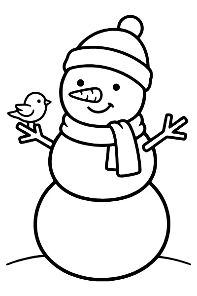 Ausmalbilder Schneemann: freundlicher Schneemann mit Vogel als Ausmalbild