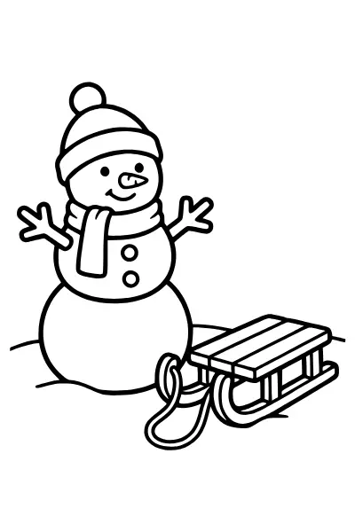 Ausmalbilder Schneemann: Schneemann neben einem Schlitten als Malvorlage