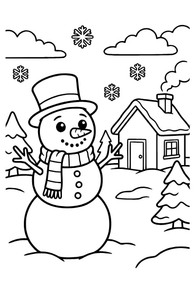 Ausmalbilder Schneemann: Schneemann mit Mütze und Schal vor einem Haus