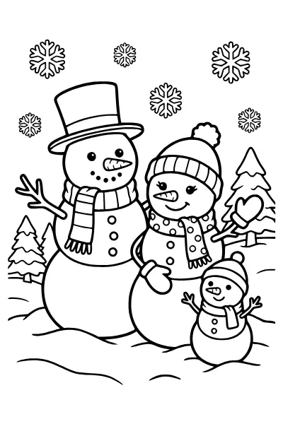Ausmalbilder Schneemann: Schneemannfamilie mit drei Figuren zum Ausmalen