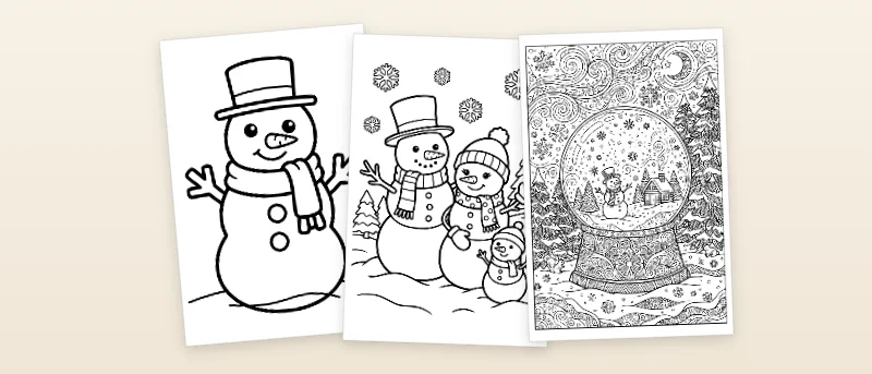 Ausmalbilder Schneemann: Klassischer Schneemann mit Zylinder und Schal, Schneemannfamilie und Schneekugel mit Schneemann