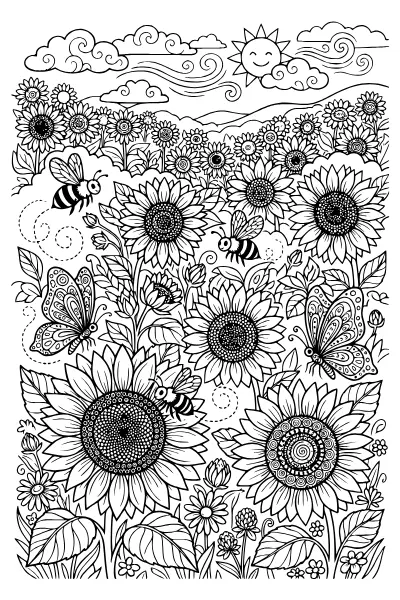 Sonnenblumenfeld mit Hummeln – Ausmalbilder Sommer zum Ausdrucken