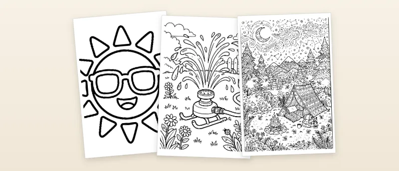 Ausmalbilder Sommer: Sonne mit Sonnenbrille, Garten-Sprinkler und Zeltlager unter Sternen