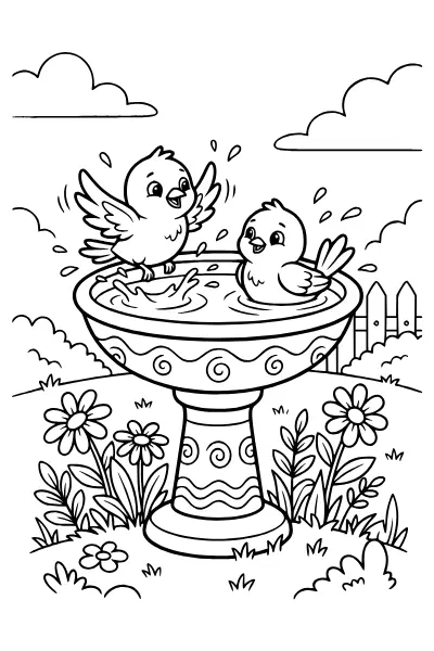 Vogelbad im Garten – Ausmalbilder Sommer zum Ausdrucken
