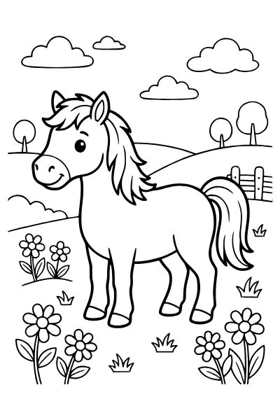 Pferd auf der Wiese zum Ausmalen – Ausmalbilder Tiere