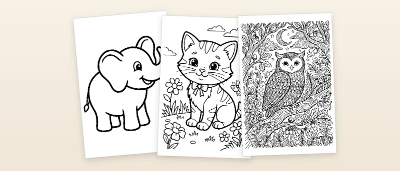 Ausmalbilder Tiere: Elefant, Katze mit Schleife und Eule mit Federzeichnung