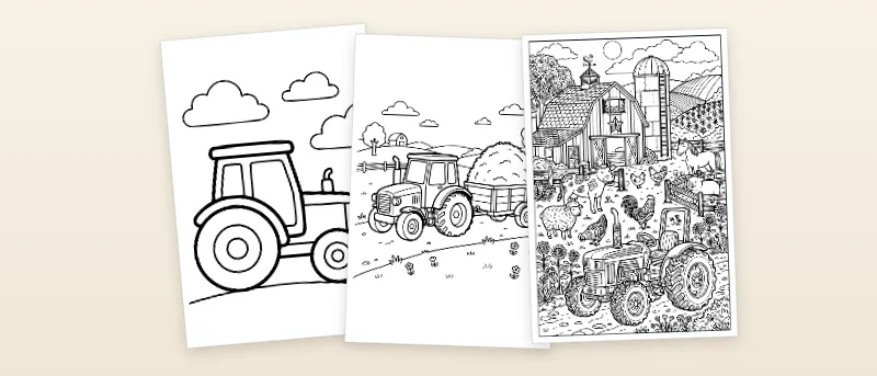 Ausmalbilder Traktor: Traktor auf dem Feld, Traktor mit Ladewagen und Hof-Szene mit Traktor, Scheune und Tieren
