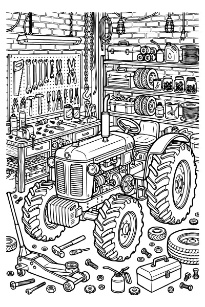 Traktor in der Werkstatt – Ausmalbilder Traktor mit feinen Mustern