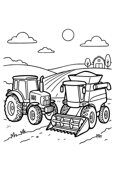 Traktor und Mähdrescher auf dem Feld – Ausmalbilder Traktor für Schulkinder