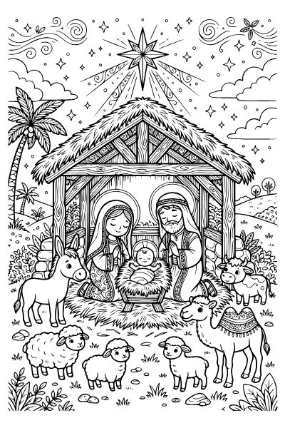 Krippe mit Stall und Stern – Ausmalbilder Weihnachten zum Ausdrucken