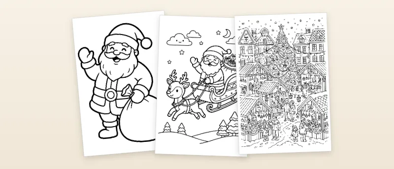 Ausmalbilder Weihnachten: Weihnachtsmann mit Geschenkesack, Weihnachtsmann im Schlitten und Weihnachtsmarkt