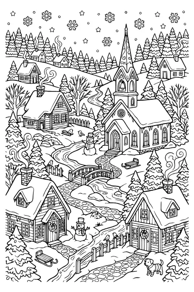 Verschneites Dorf mit Kirche – Ausmalbilder Weihnachten zum Ausdrucken
